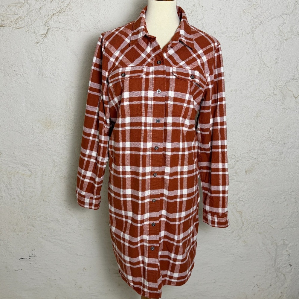 Duluth Womens Plaid Fall Flannel Shacket Dress Size L Burnt Orange Apple Picking